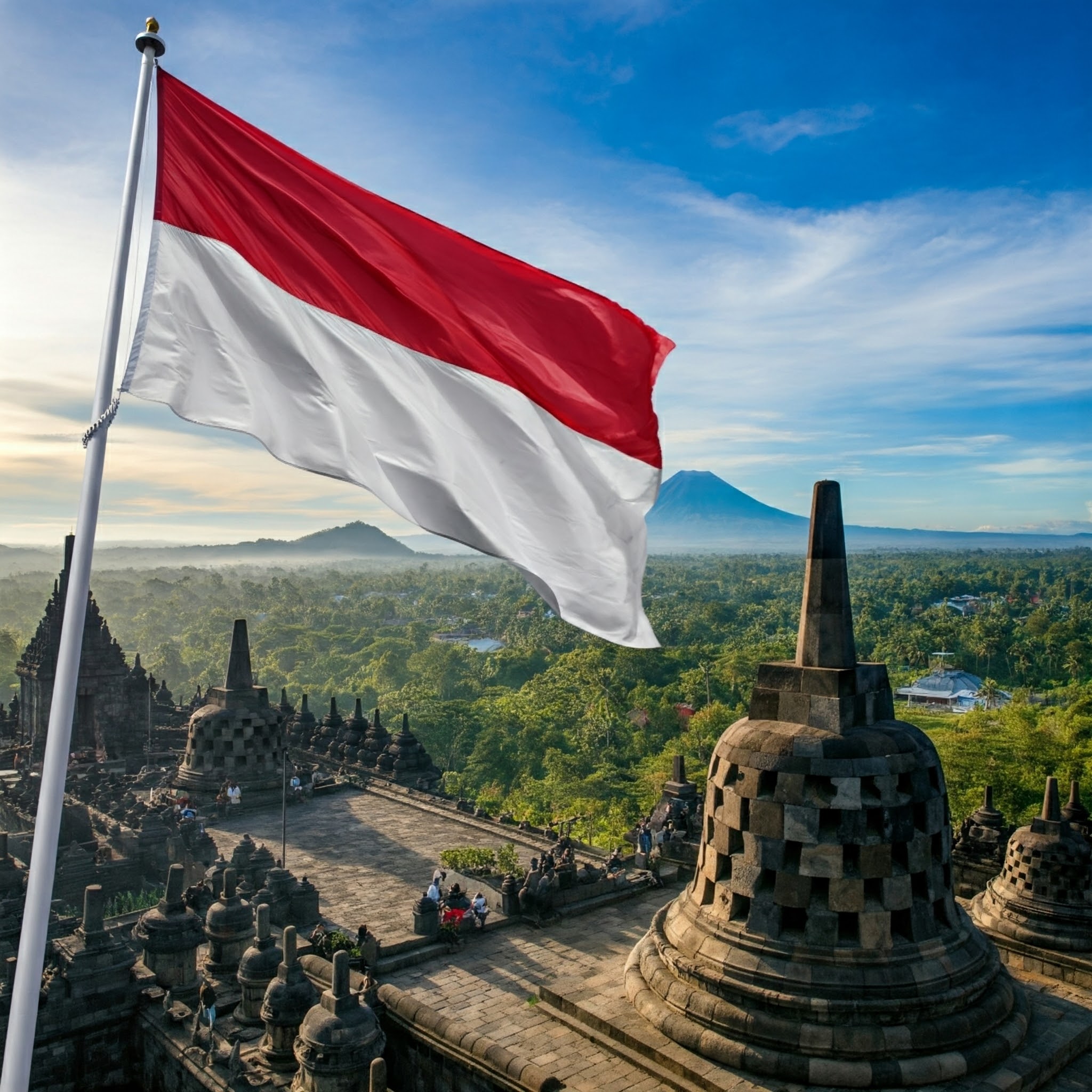 インドネシアの国旗と風景