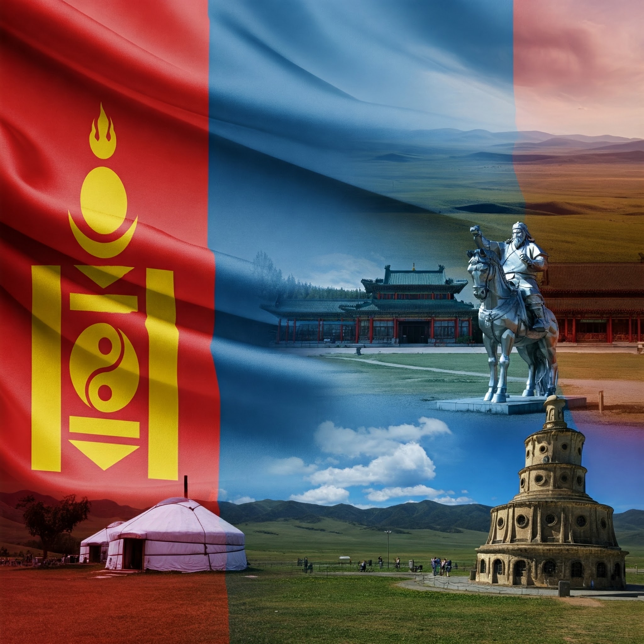 モンゴルの国旗と風景