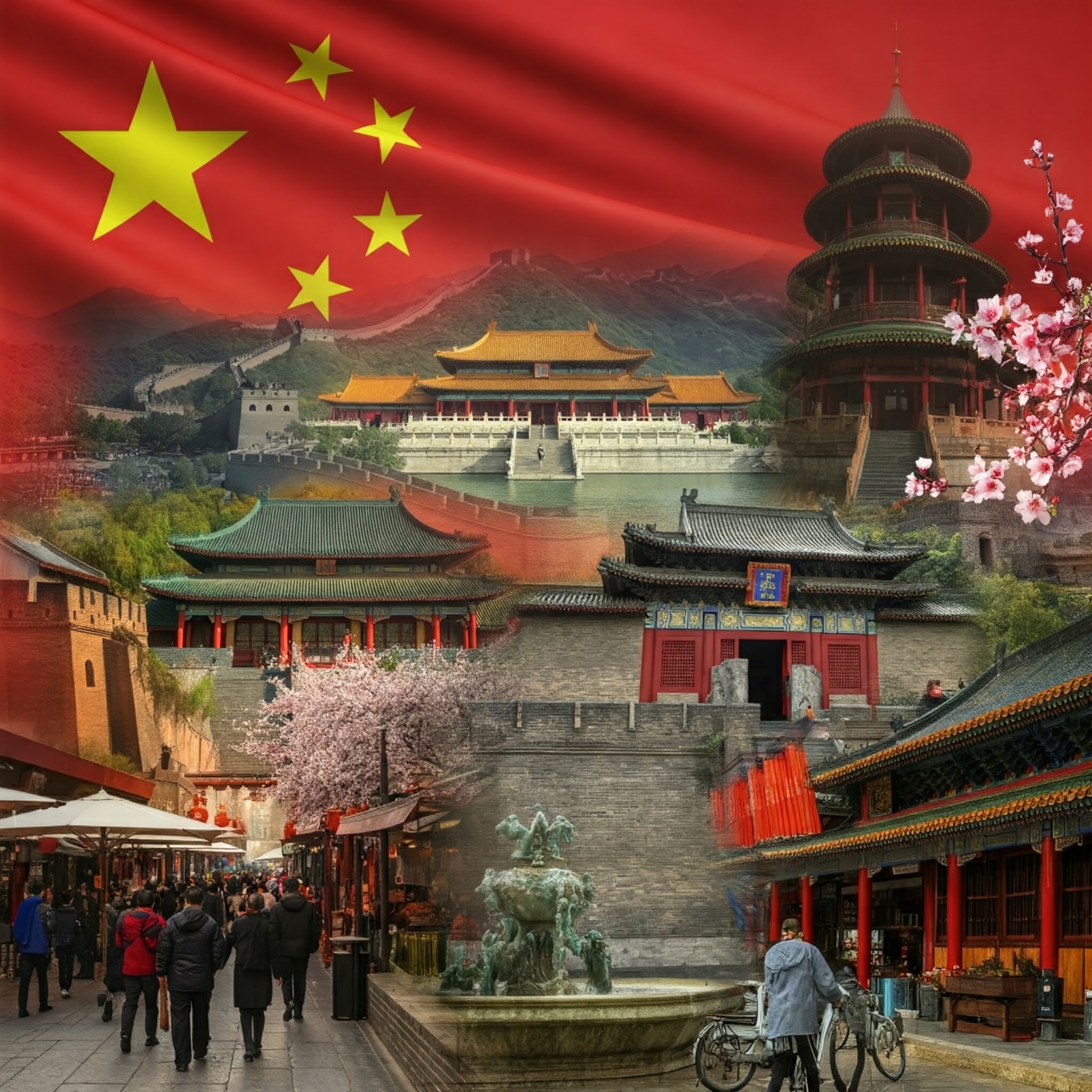 中国の国旗と風景