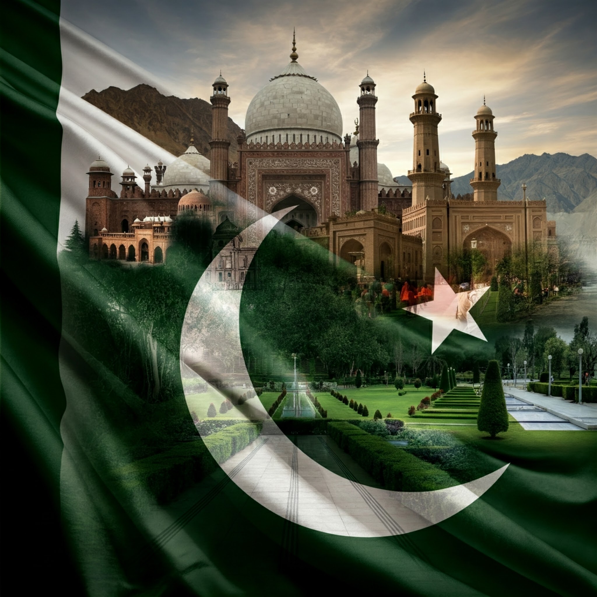 パキスタンの国旗と風景