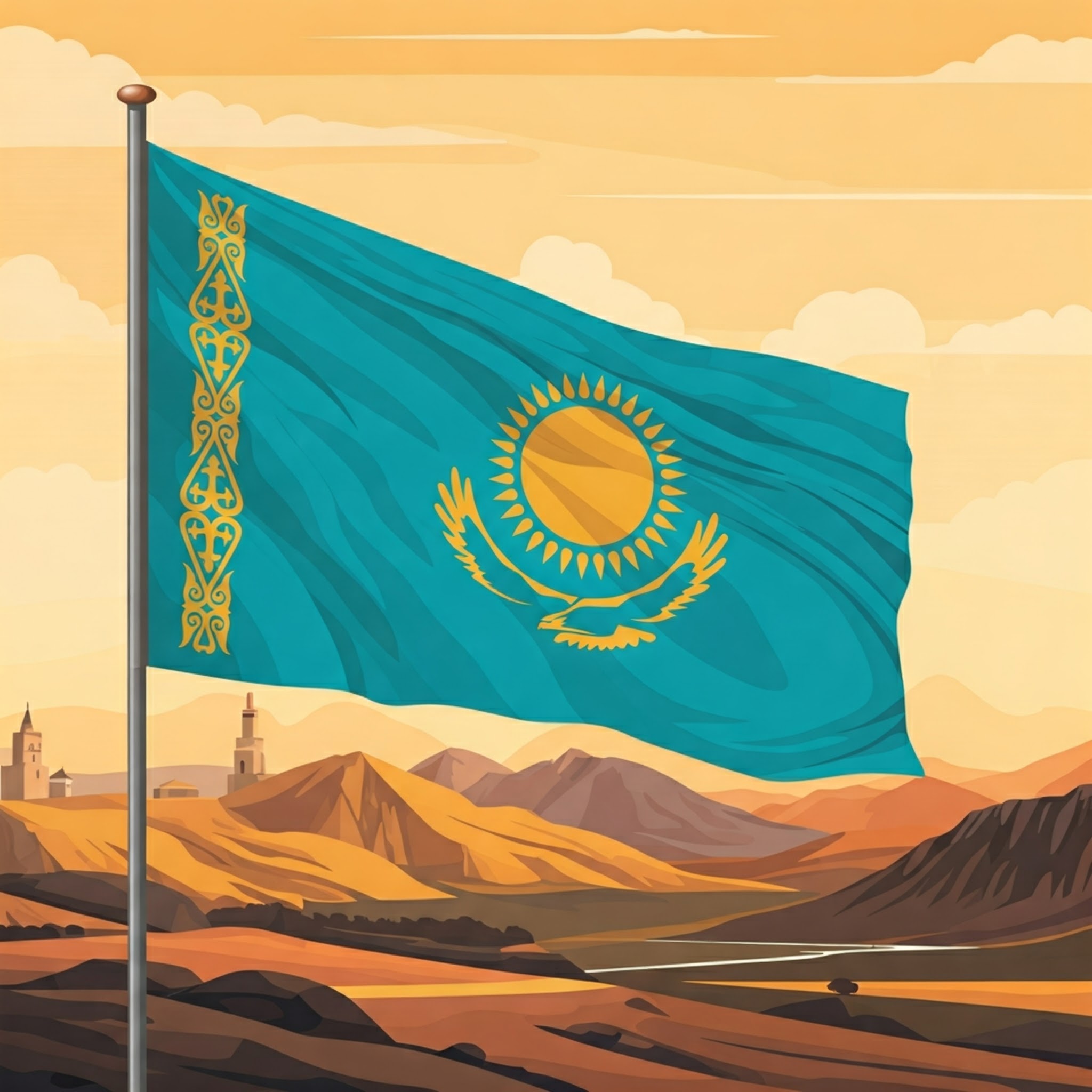 カザフスタンの国旗と風景