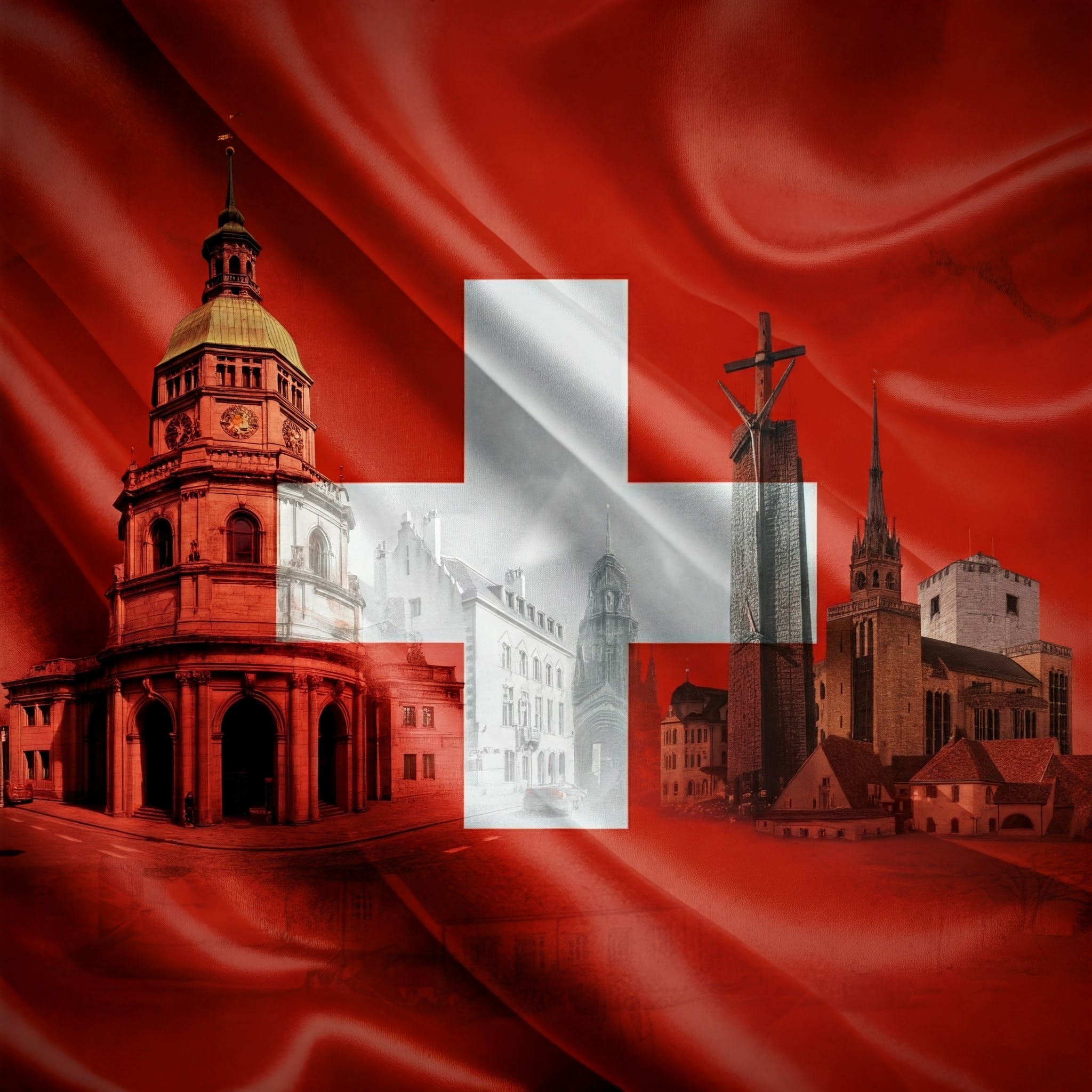 スイスの国旗と風景