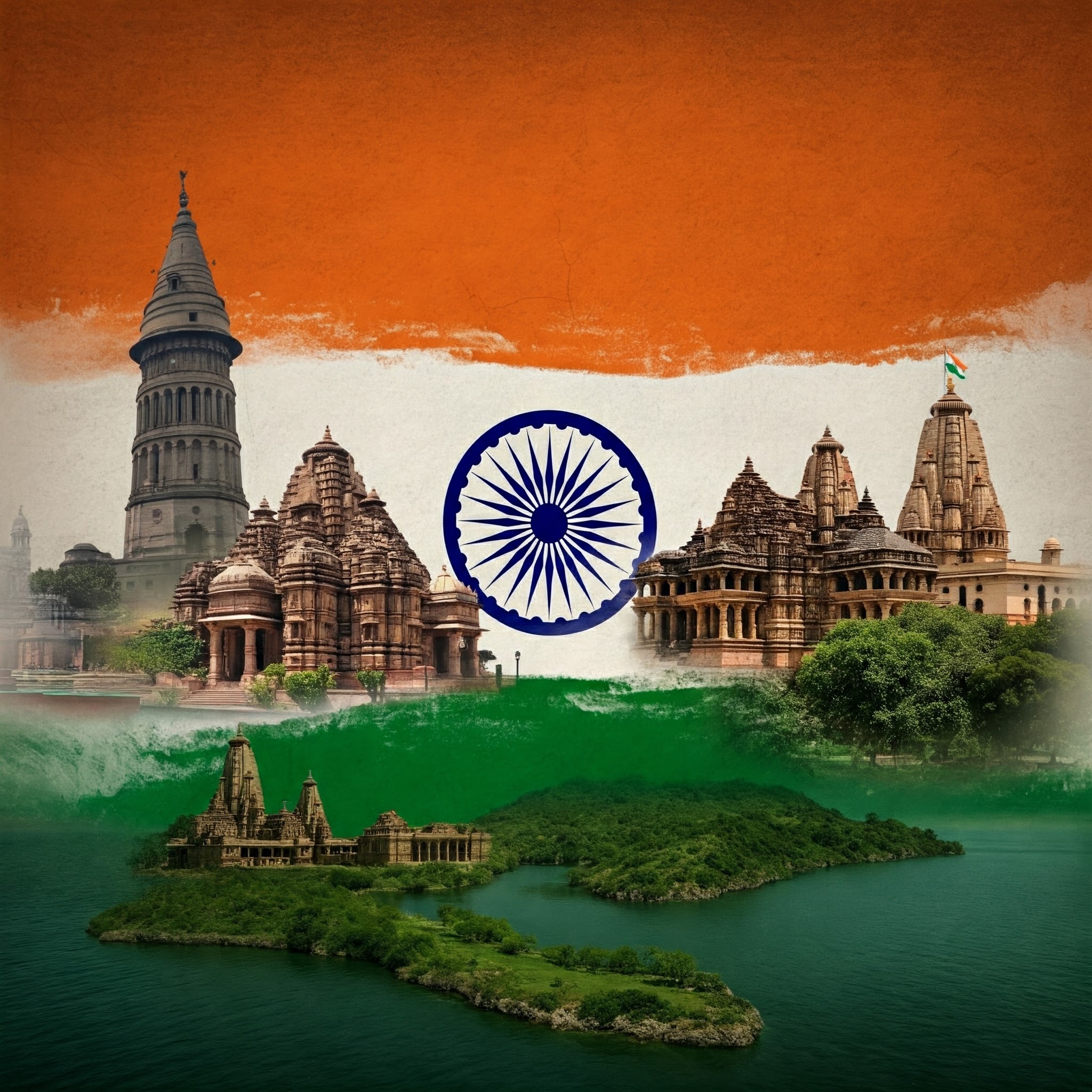 インドの国旗と風景