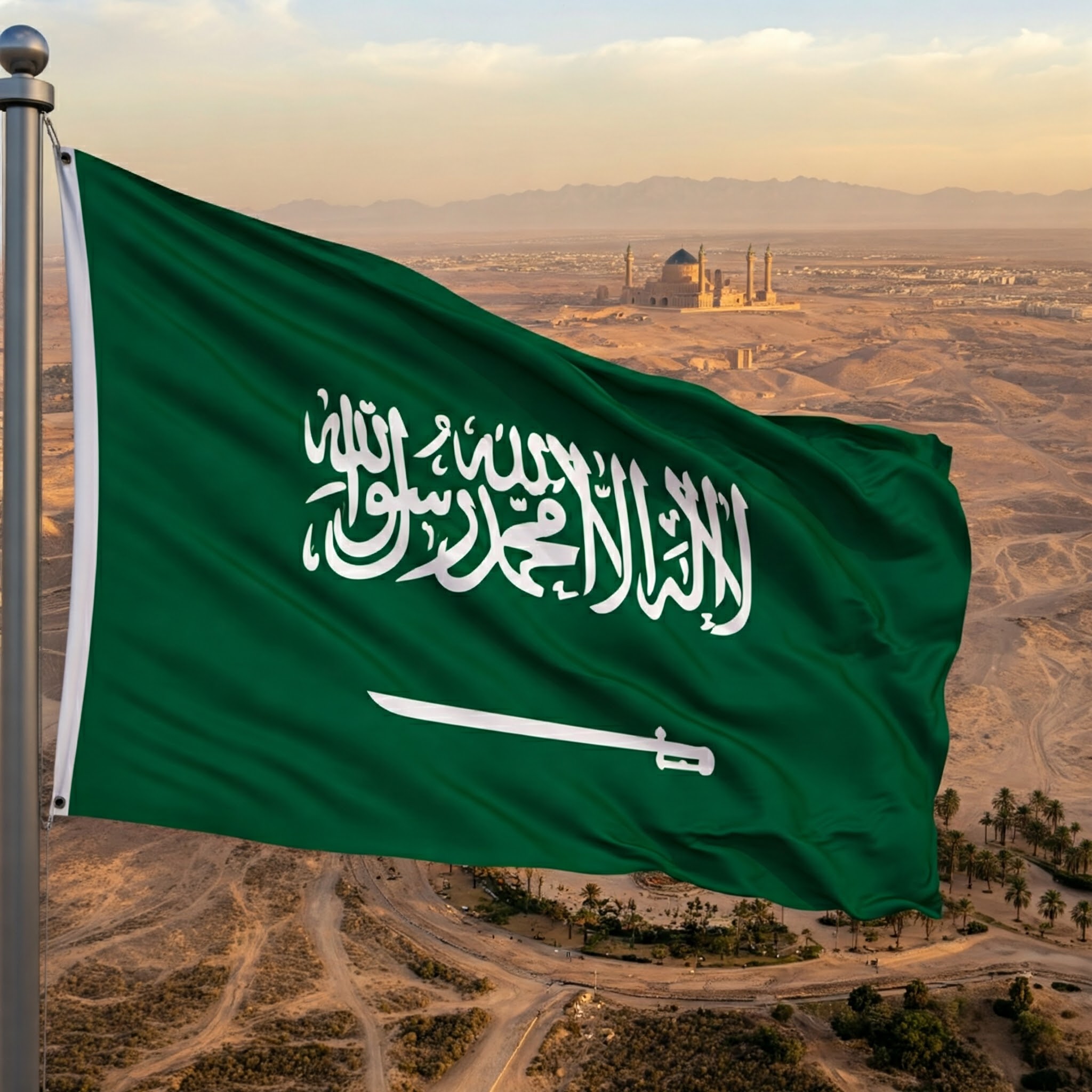 サウジアラビアの国旗と風景
